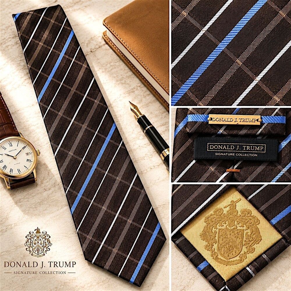 DONALD TRUMP President Signature Collection Brown Silk XL Plaid Necktie Striped